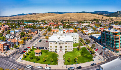 Aerial panorama of Missoula County Courthouse, in Missoula, Montana.