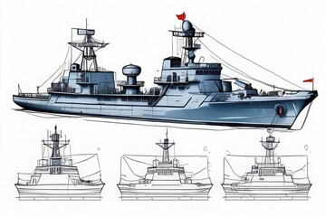 Fototapeta premium an AI Image Generator, Rendering of a Naval Warship With Multiple Views