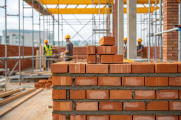 Fototapeta premium brick wall under construction with workers in background at building site