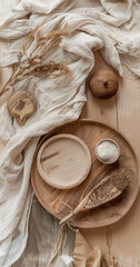 Wooden spoon on a wooden table with natural elements and coins, featuring brown tones and a close-up shot for a calm and health-focused feel