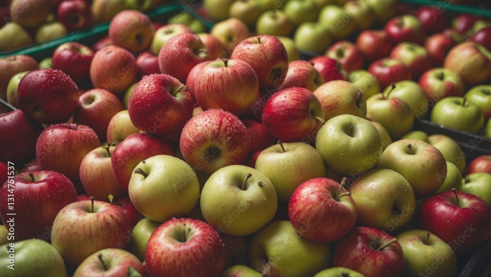 Poster Piled apples at the market. A variety of red and green apples in the store. Background of ripe apples in a container. Top view. Flat lay. Selective focus.