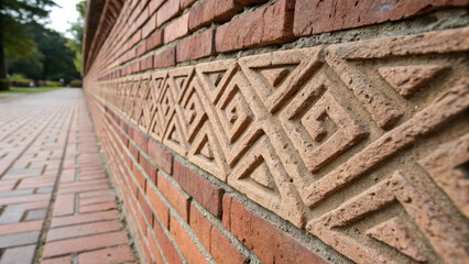 detailed view of brick wall with intricate geometric patterns in park setting