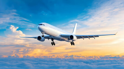 Obraz premium White Passenger Airplane Soaring Above a Layer of Fluffy Clouds at Sunset with Vibrant Orange and Yellow Hues