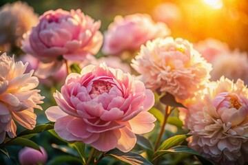 Obraz premium Soft Sunlight Illuminates Blooming Peonies: Close-Up Documentary Photography