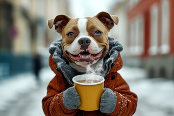 Animal support. Happy cute baby dog staffordshire bull terrier in winter warm clothes, holding hot coffee with rising steam in paws. Witty pets. Funny pet costumes. Puppy winter toys.