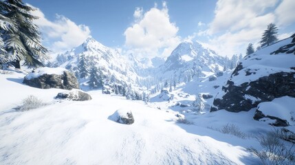 Snowy mountain valley vista, sunny day, winter landscape, hikers' path