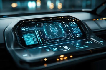 Futuristic car dashboard with a sleek, high-tech interface displaying various data points and controls.