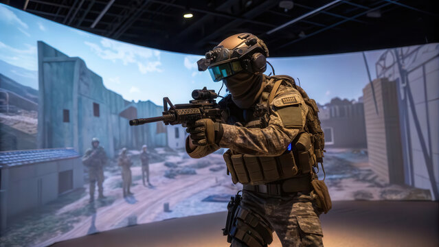 soldier in tactical gear engages in virtual reality military simulation