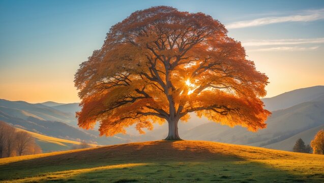 Majestic beech tree illuminated by sunny beams in an autumn mountain valley. Dramatic colorful evening landscape scene.