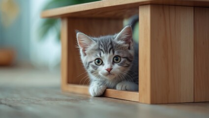 Playful baby cat discovering its surroundings, climbing the coffee table shelf, hiding and peeking.