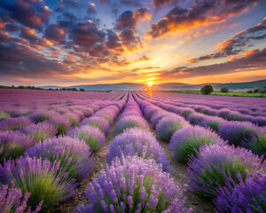 Obraz premium Lavender field under a pastel sunset. beautiful floral landscape. Elegant Lavender Fields at Sunset.