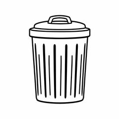 Trash Can Black and White Line Drawing Cylindrical Waste Bin Household Object Minimalist Illustration Urban Infrastructure