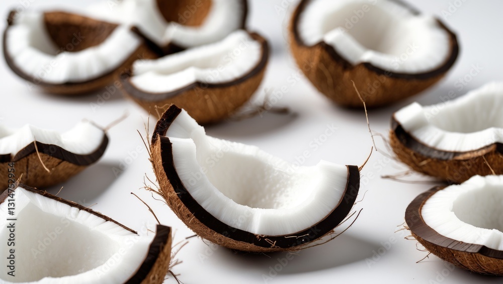 Poster falling coconut, isolated on a white backdrop, complete depth of field, selective focus.