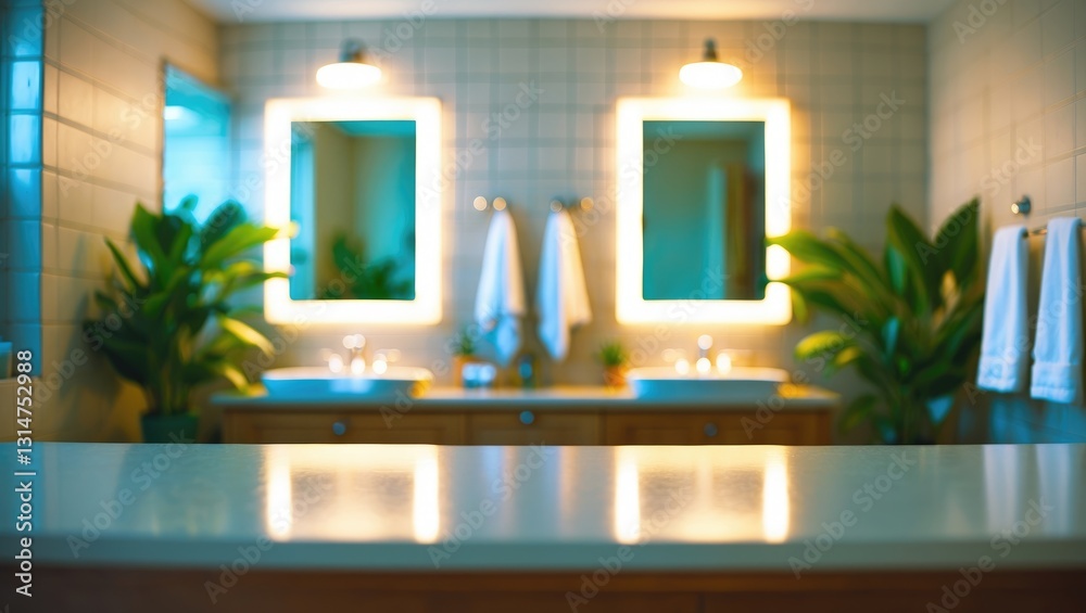Poster countertop without items and a blurred background, for design and decoration concepts.