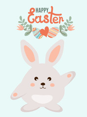 Happy easter. Spring flowers with the easter eggs and rabbit on blue background. Can be add text. Design for banner, poster, postcard. EPS10.