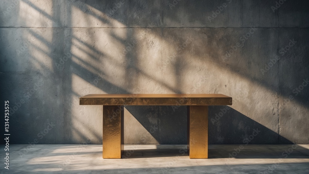 Poster the backdrop of a gold stucco table casting a natural shadow on a concrete wall texture is suitable 