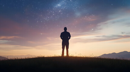 Pixelated Silhouette Of Man At Sunset Under Starry Sky