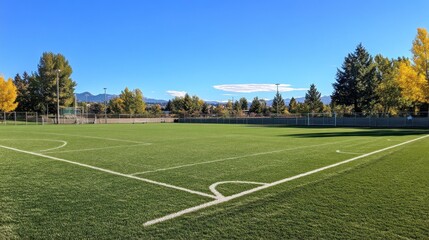 Sunny day at a green artificial turf soccer field with mountain views.