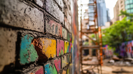 Bright colors adorn a partially completed wall in an urban setting. Scaffolding is visible along with a glimpse of greenery in the background, showcasing a blend of construction and nature