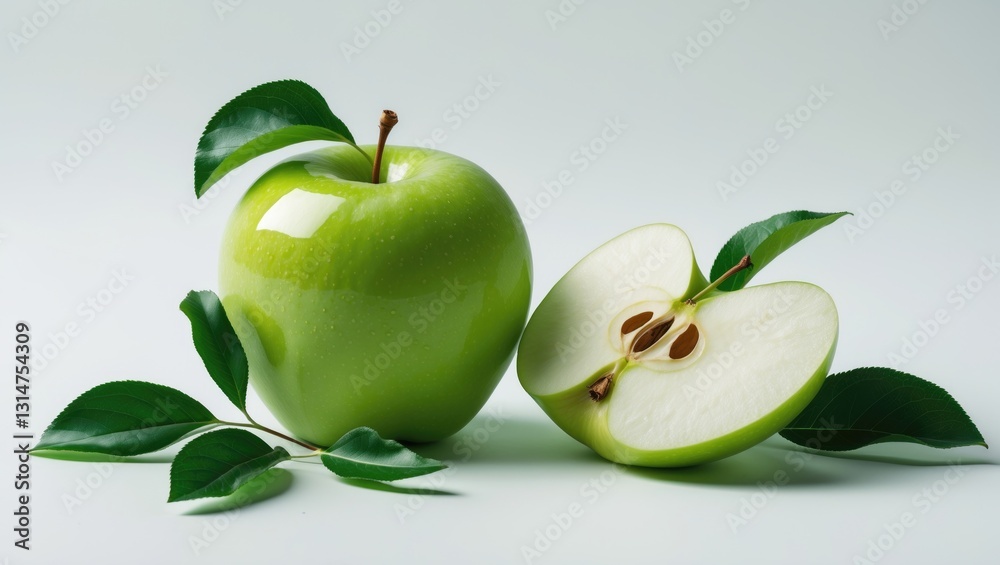 Poster Flat lay of Fresh green Apple fruit with a half and slice isolated on a background.