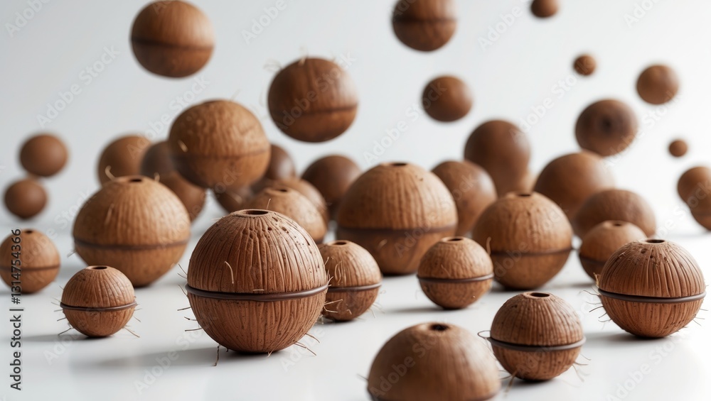 Poster Falling whole coconuts, isolated on a white background, with a clipping path and full depth of field.