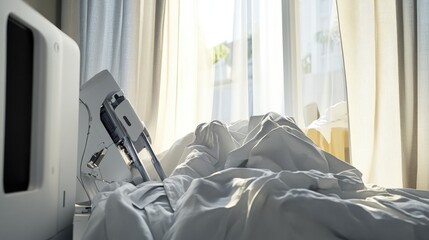 Sunlit Bedroom with Wrinkled Sheets and Modern Device