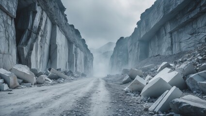 Marble quarries in a misty landscape.