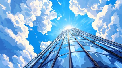 low-angle view of skyscraper with curved glass exterior