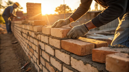 bricklayer carefully places bricks on wall at construction site during sunset
