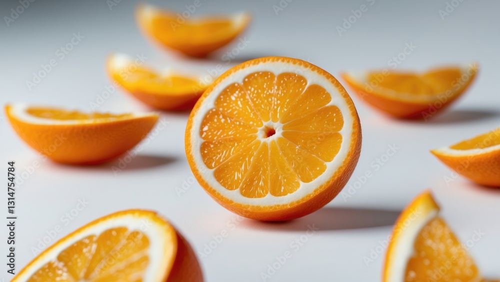 Aufkleber Falling orange slice isolated on a backdrop, clipping path, complete depth of field.