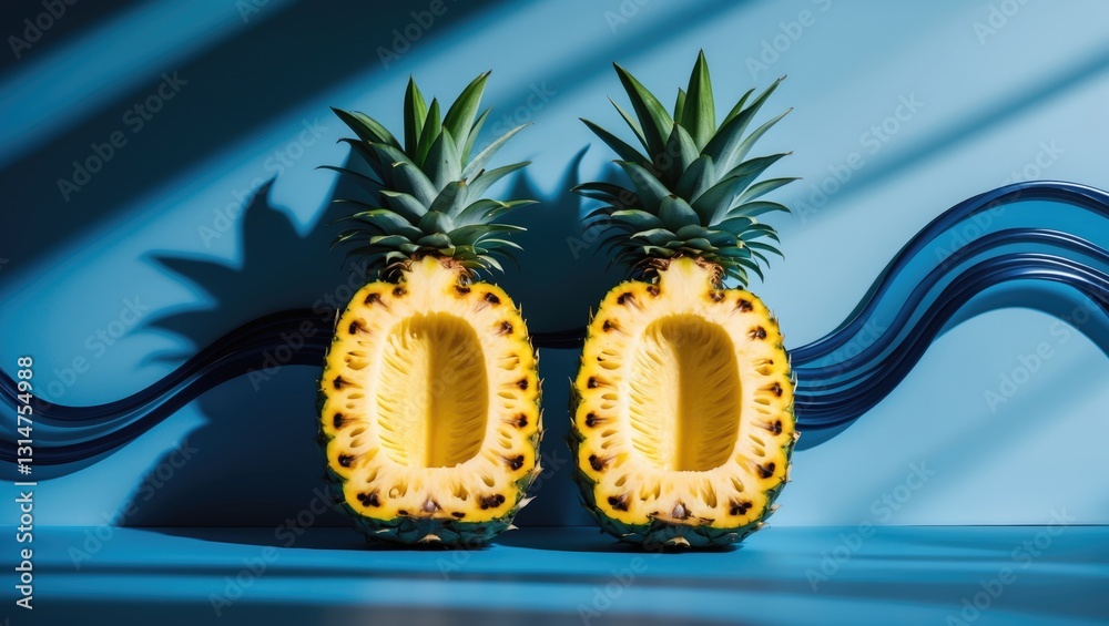 Poster two sections of pineapple on a blue background. set against a backdrop of shadow waves. the concept 