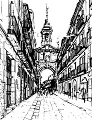 spain, coloring page, drawing, architecture, sketch, building, city, vector, church, illustration, street, town, old, art, house, europe, prague, travel, castle, tower, vintage, london, draw, tree, la