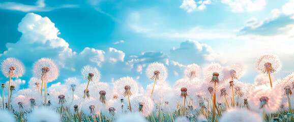 Field of fluffy dandelion seed heads against a bright blue sky with clouds, conveying lightness, hope, and the beauty of nature