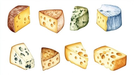 Illustration of types of cheese on white background