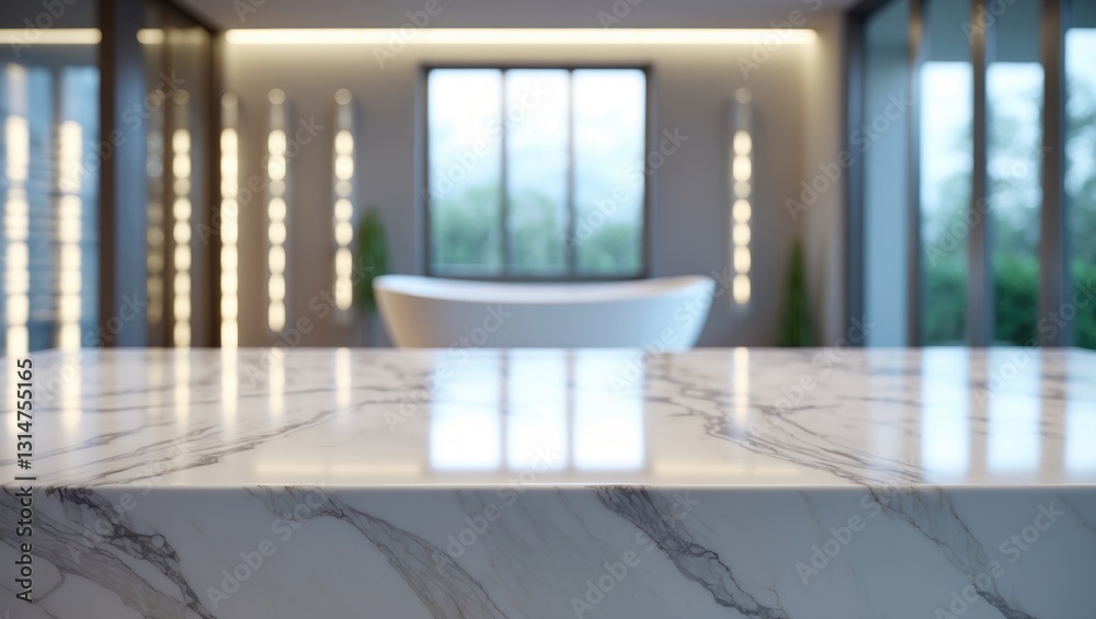 Poster Marble top table with an empty surface and a blurred interior background for product showcasing.