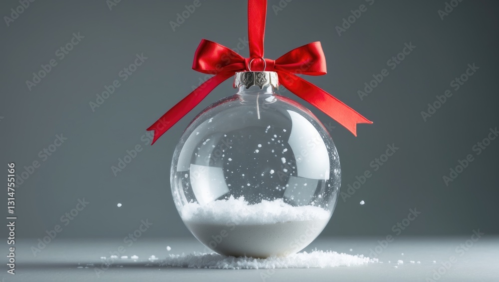 Poster transparent christmas ball hanging over a gray background with copy space.