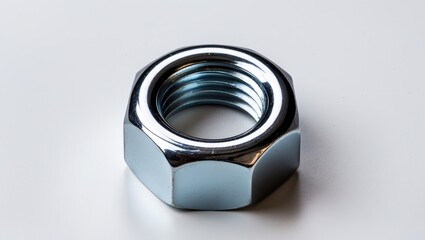 Metal nut separated on a white background. Chromed screw nut set apart. Steel nut distinct. Tools for work.
