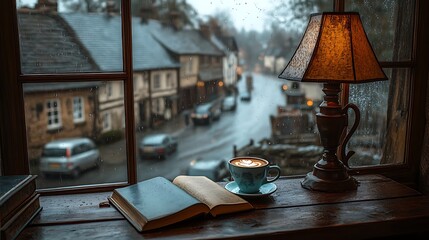 there is a book and a cup of coffee on a window sill