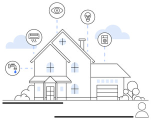 Modern smart home displaying connected devices thumbs up lighting, HVAC, water, washing machine, and security surveillance. Ideal for smart technology, automation, home solutions, eco-friendliness