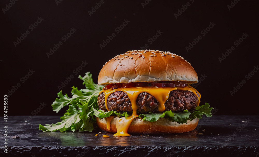 Poster burger with melted cheese and a bun on a table. the burger is the main focus of the image, and the b