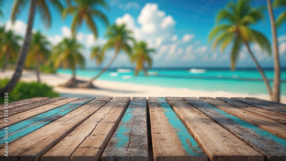 Aufkleber empty wooden table in front of a blurred beach featuring coconut trees in the background.
