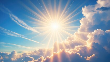 Paraphrased Title: "Miraculous Heavenly Light - A bright sun shining down through fluffy clouds and a blue sky, radiating a sense of a holy entity."