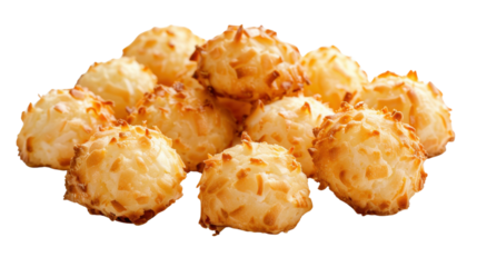 Delicious homemade coconut cookies forming a small mountain on transparent background