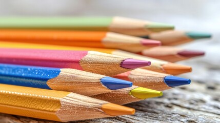 Colorful pencils clustered closely on weathered wood