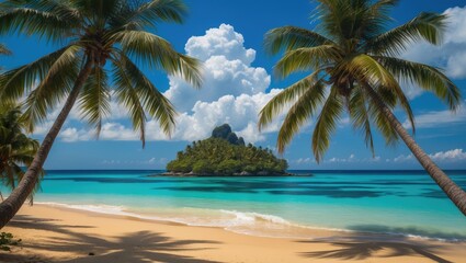 Peer through the palm trees on the beach to view a small island surrounded by turquoise water.