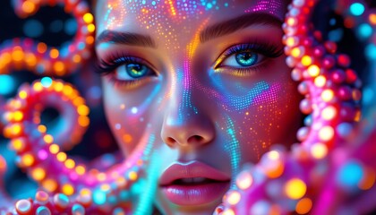 Abstract Portrait with Glowing Face and Tentacles in Neon Colors