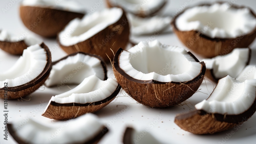 Poster falling coconut, isolated against a white background, with a full depth of field and selective focus