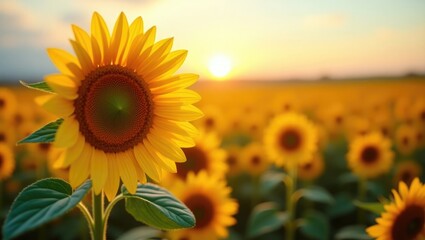 Obraz premium Bright Sunflower Flower shows a close-up of a sunflower in full bloom, creating an abstract natural background. A field of sunflowers basking in warm light.