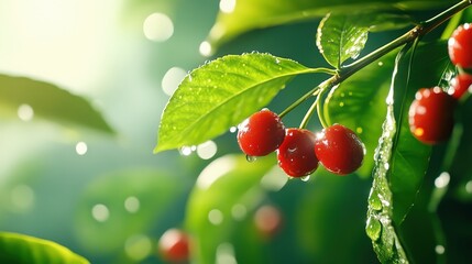Obraz premium Macro Shot of Vibrant Red Coffee Cherries on a Leafy Green Branch in Nature