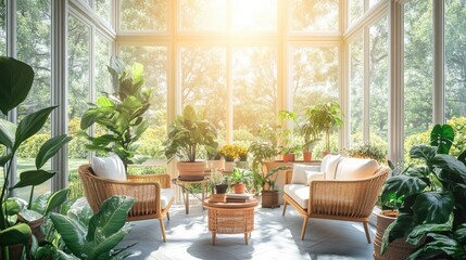 Sunlit Garden Room with Rattan Furniture and Lush Greenery